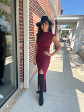 Load image into Gallery viewer, Burgundy Lauren Dress Mock Neck Midi Dress
