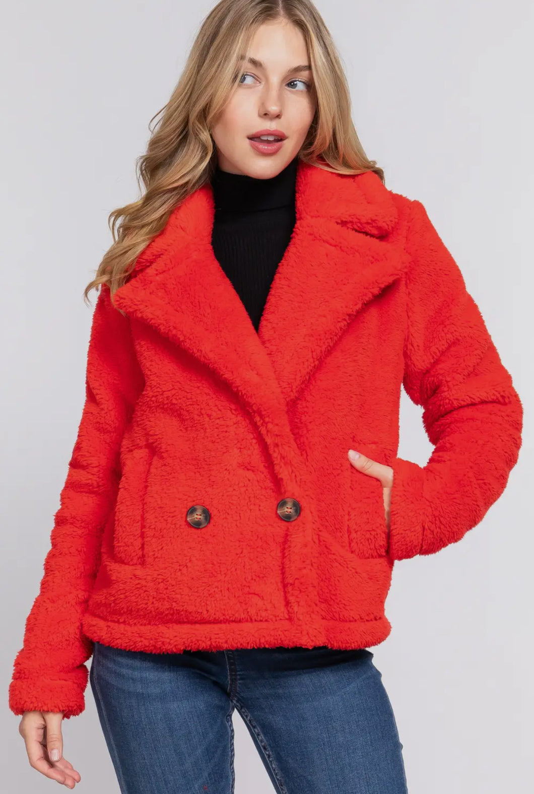 The Short Collar Sherpa Jacket in Bold Red