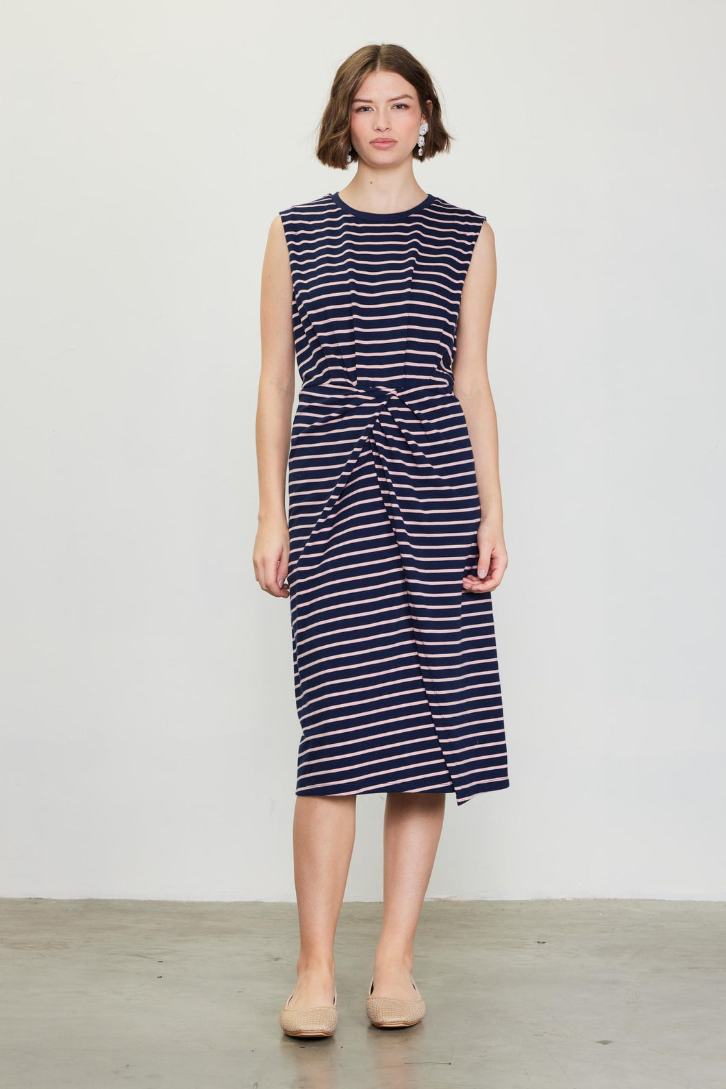 The Pink and Navy Stretson Knot Midi Dress