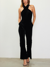 Load image into Gallery viewer, The Black Dreamy Velvet Halter Jumpsuit
