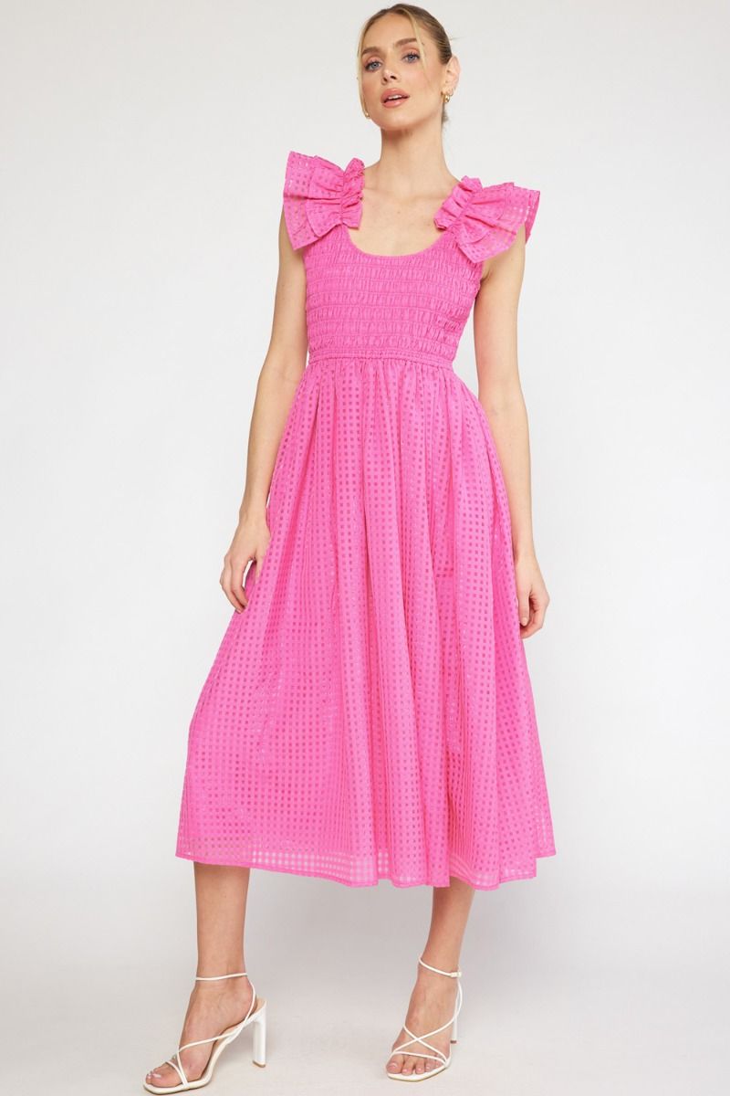 Pink Textured Ruffle Strap Midi Dress
