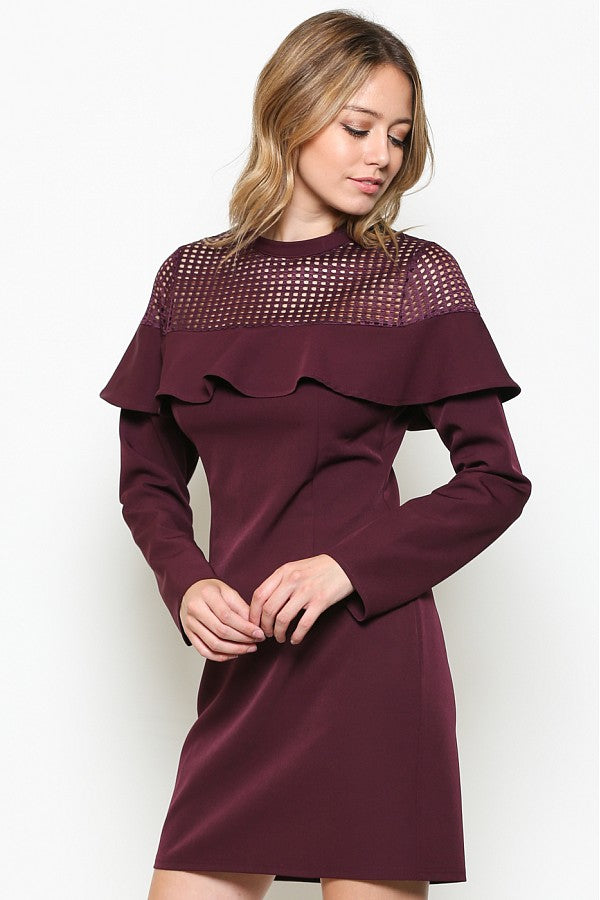 Burgundy Longsleeve Mesh Contrast Dress
