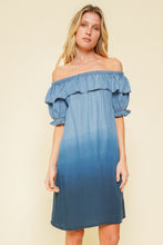 Load image into Gallery viewer, Dip Dyed Chambray Off Shoulder Dress
