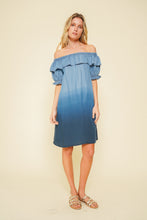 Load image into Gallery viewer, Dip Dyed Chambray Off Shoulder Dress
