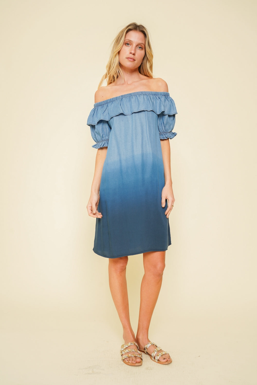 Dip Dyed Chambray Off Shoulder Dress