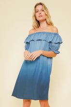 Load image into Gallery viewer, Dip Dyed Chambray Off Shoulder Dress
