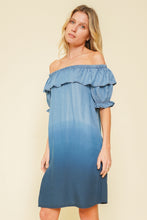 Load image into Gallery viewer, Dip Dyed Chambray Off Shoulder Dress

