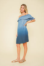 Load image into Gallery viewer, Dip Dyed Chambray Off Shoulder Dress
