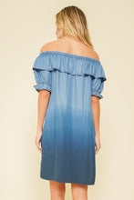 Load image into Gallery viewer, Dip Dyed Chambray Off Shoulder Dress
