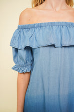 Load image into Gallery viewer, Dip Dyed Chambray Off Shoulder Dress
