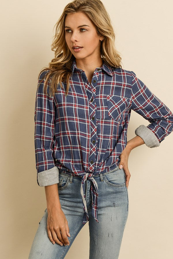 Check Tie-Front Contrast Shirt