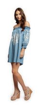 Load image into Gallery viewer, Embroidered Off Shoulder Chambray Dress

