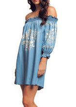 Load image into Gallery viewer, Embroidered Off Shoulder Chambray Dress
