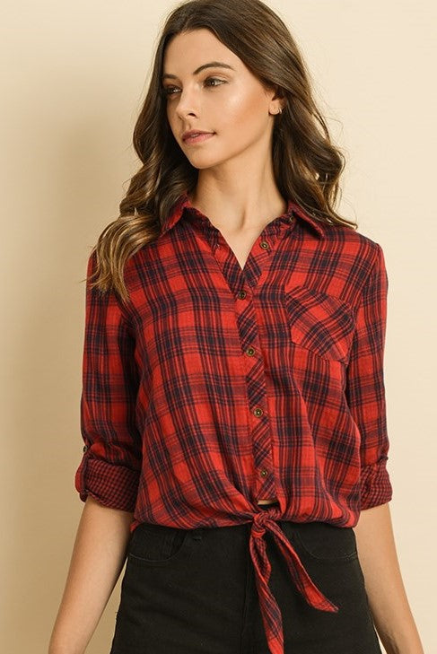 Buffalo Plaid Front Tie Button Up