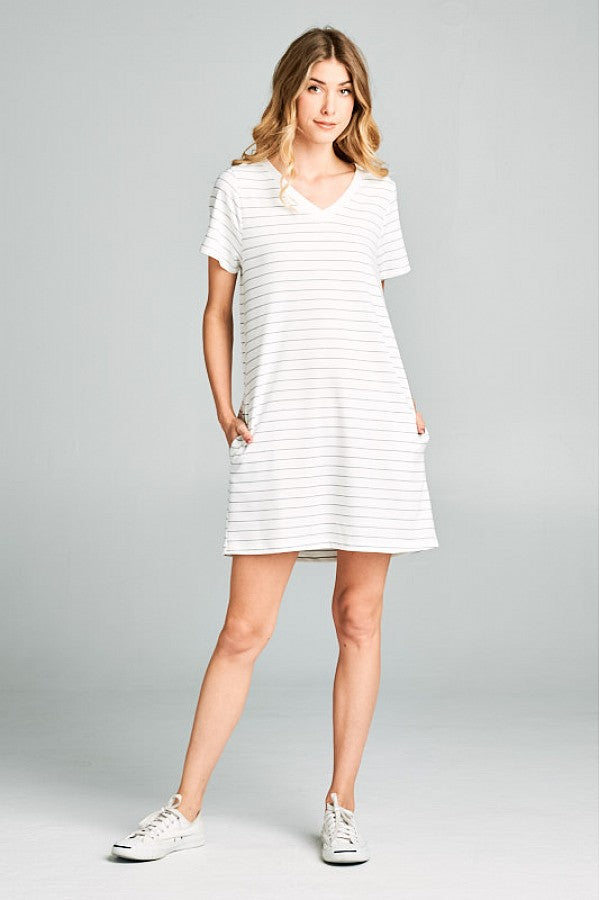 Striped Vneck Knit Dress with Pockets