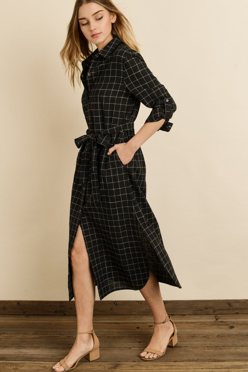 Windowpane Plaid Midi Shirt Dress