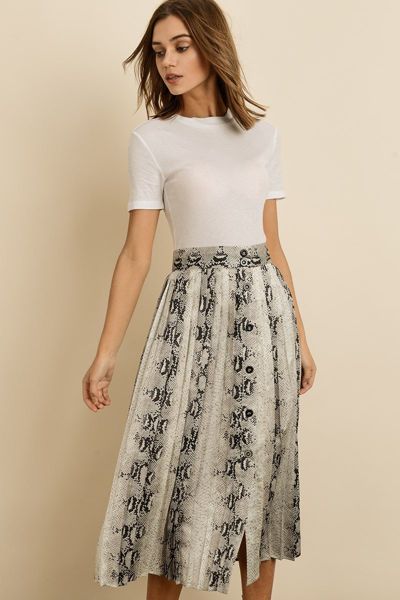 Snakeskin Pleated Midi Skirt