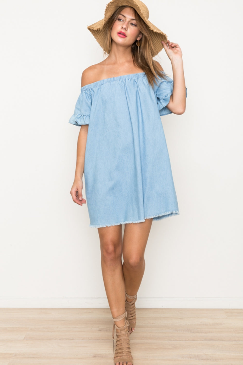 Chambray Ruffle Off the Shoulder Dress