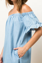Load image into Gallery viewer, Chambray Ruffle Off the Shoulder Dress
