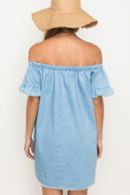 Load image into Gallery viewer, Chambray Ruffle Off the Shoulder Dress
