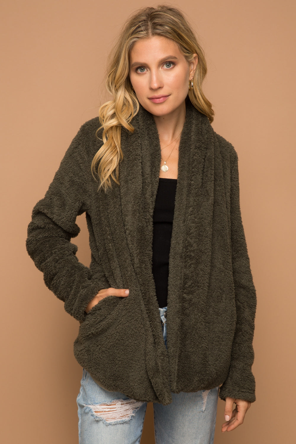 Olive Fuzzy Shawl Collar Jacket