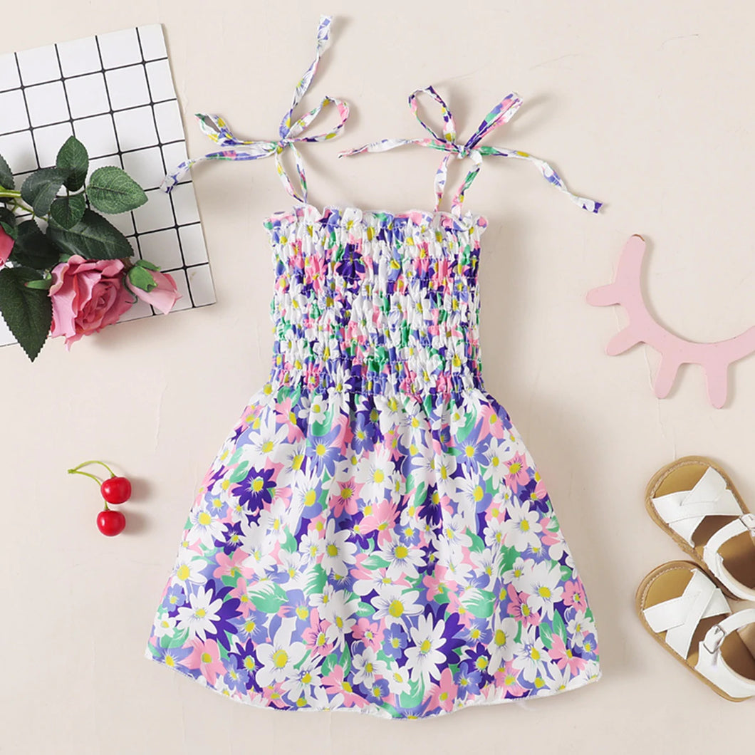 Little Girls Smocked Self Tie Dress in Lavender Floral