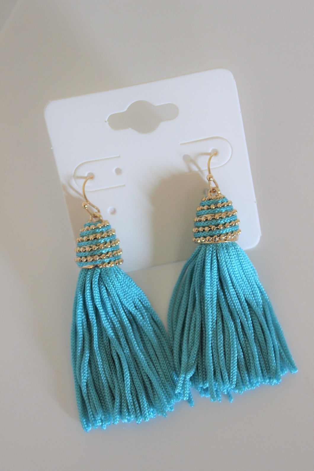 Turquoise Gold Spiral Tassel Earrings