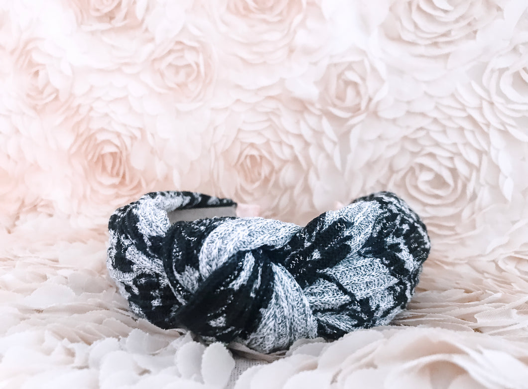 Grey & Black Floral Knit Knotted Headband