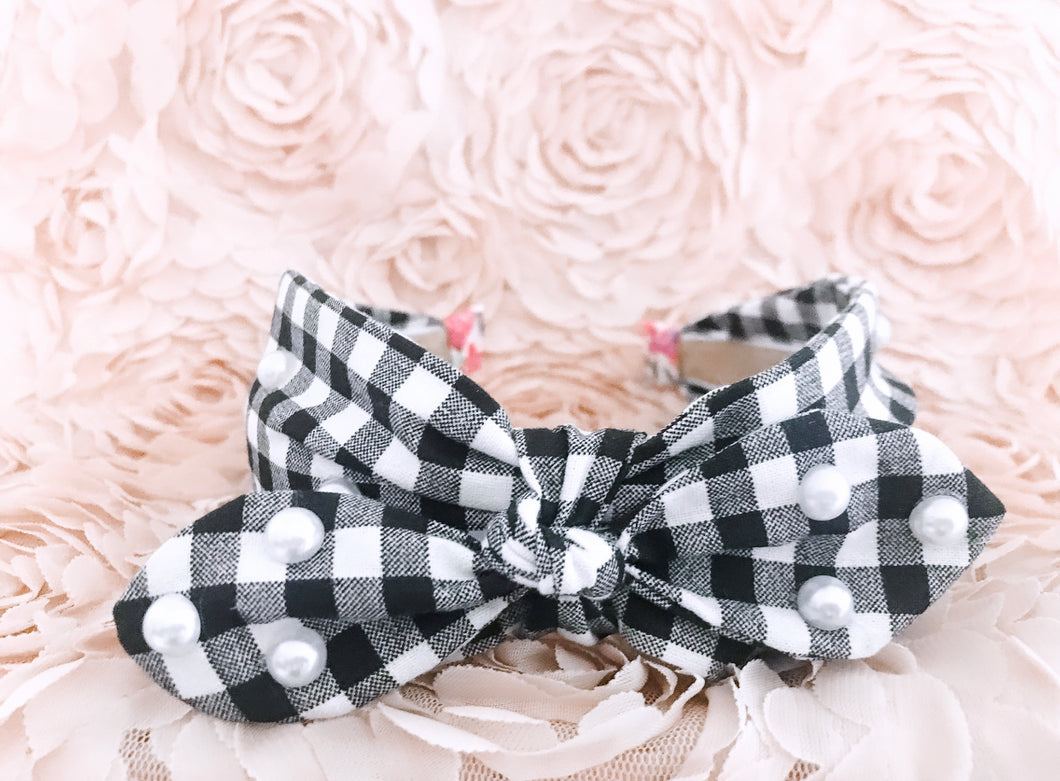 Gingham Bow Tie Headband with Pearl Detail