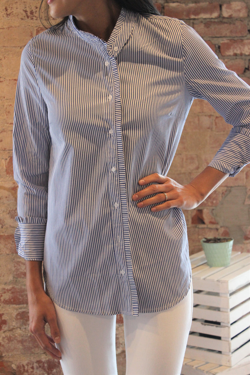 L/S Ruffled Stripe Button Down Blouse