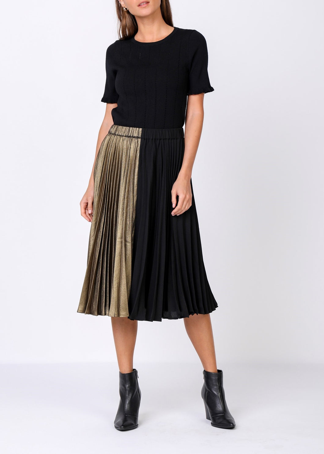 Side Color Block Midi Pleated Skirt