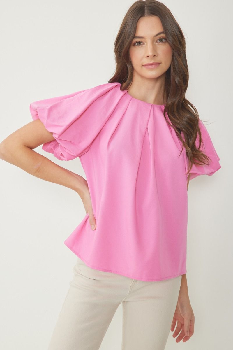 Pleated Puff Sleeve Blouse in Pink