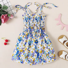 Load image into Gallery viewer, Little Girls Smocked Self Tie Dress in Blue Print
