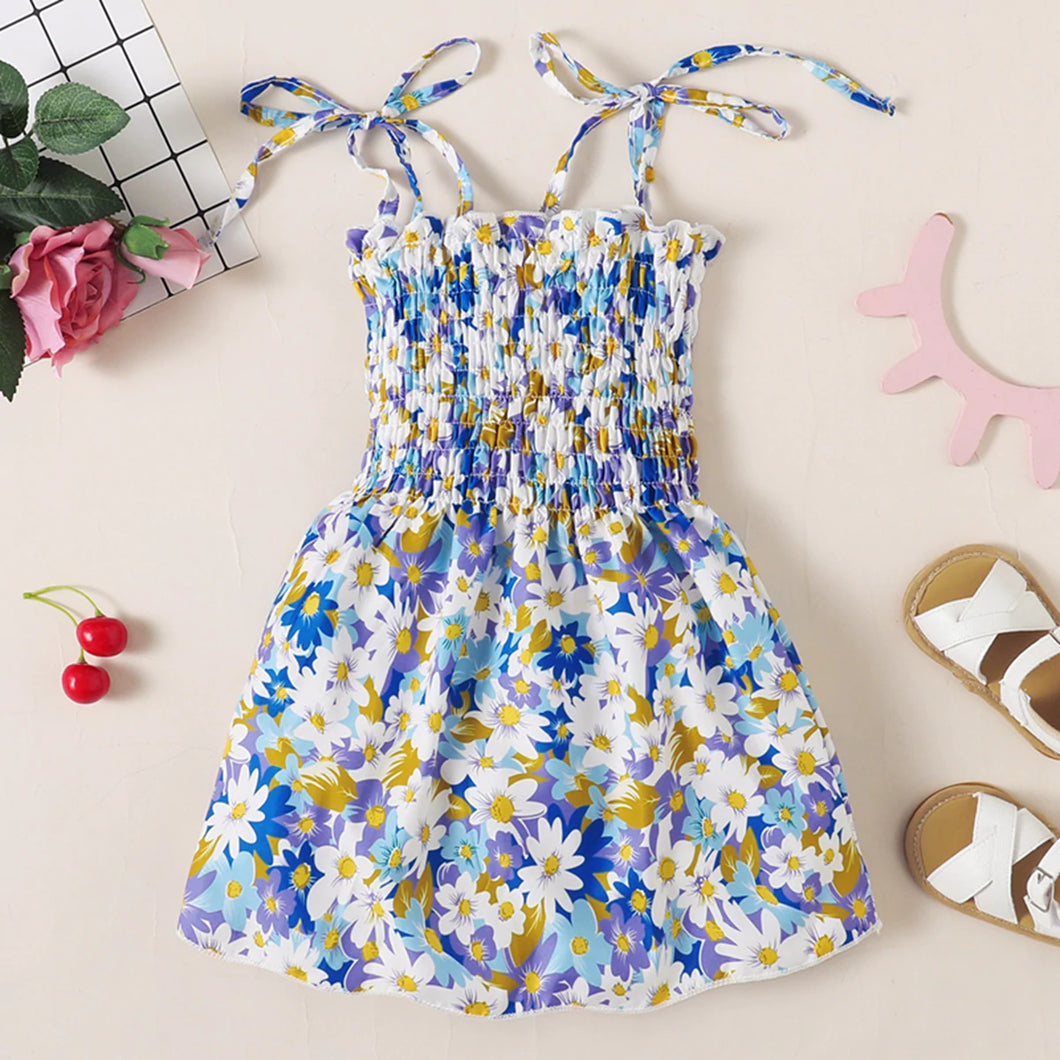 Little Girls Smocked Self Tie Dress in Blue Print