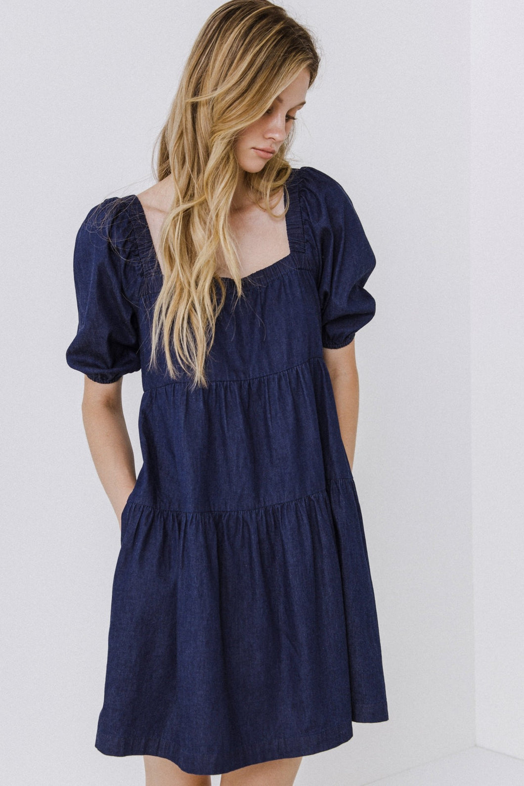 Puff Sleeve Tiered Chambray Dress