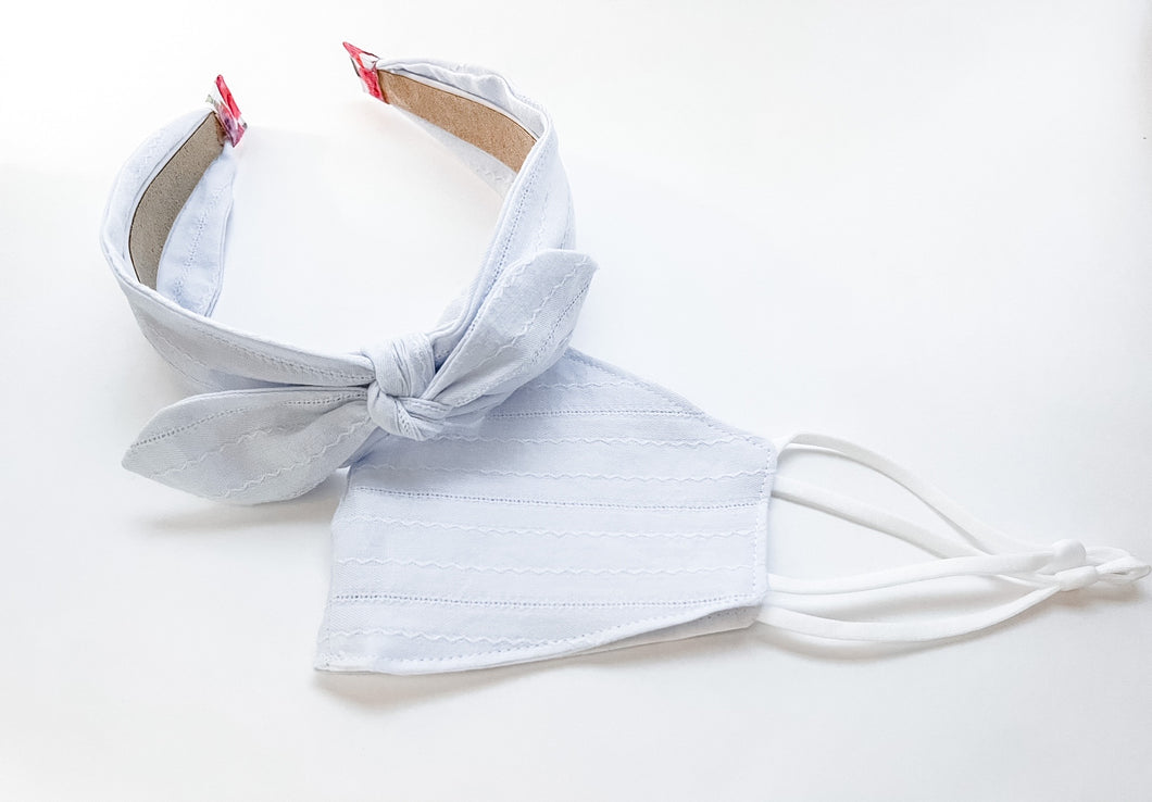 Blue Scallop Bow Headband/Mask Set