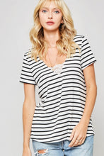 Load image into Gallery viewer, Lace Trim Striped Knit Tee
