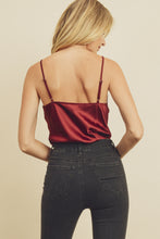 Load image into Gallery viewer, Burgundy Satin Cowl Neck Cami Bodysuit
