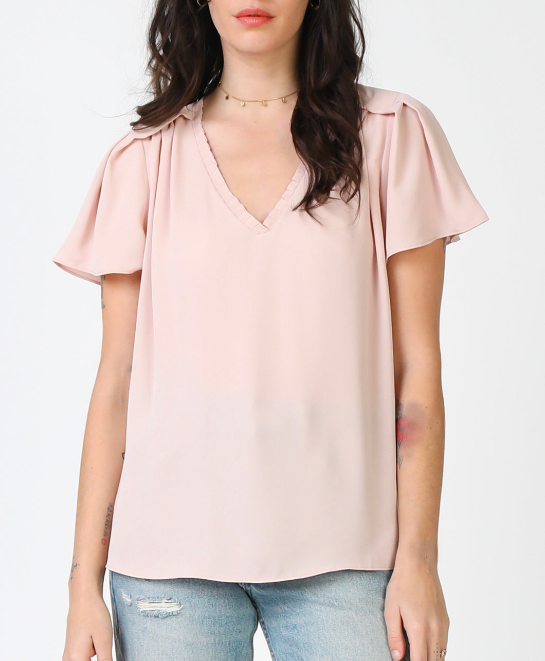 Pleated V-neck Woven Top