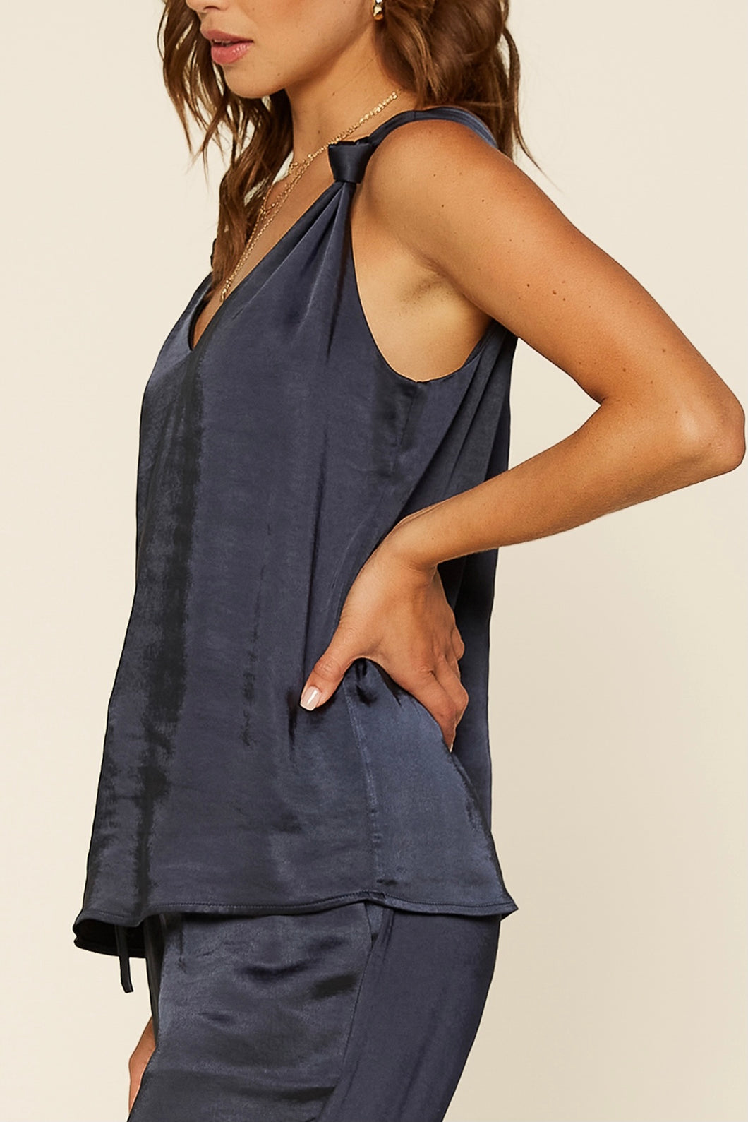 Navy Andie Satin Knotted Tank