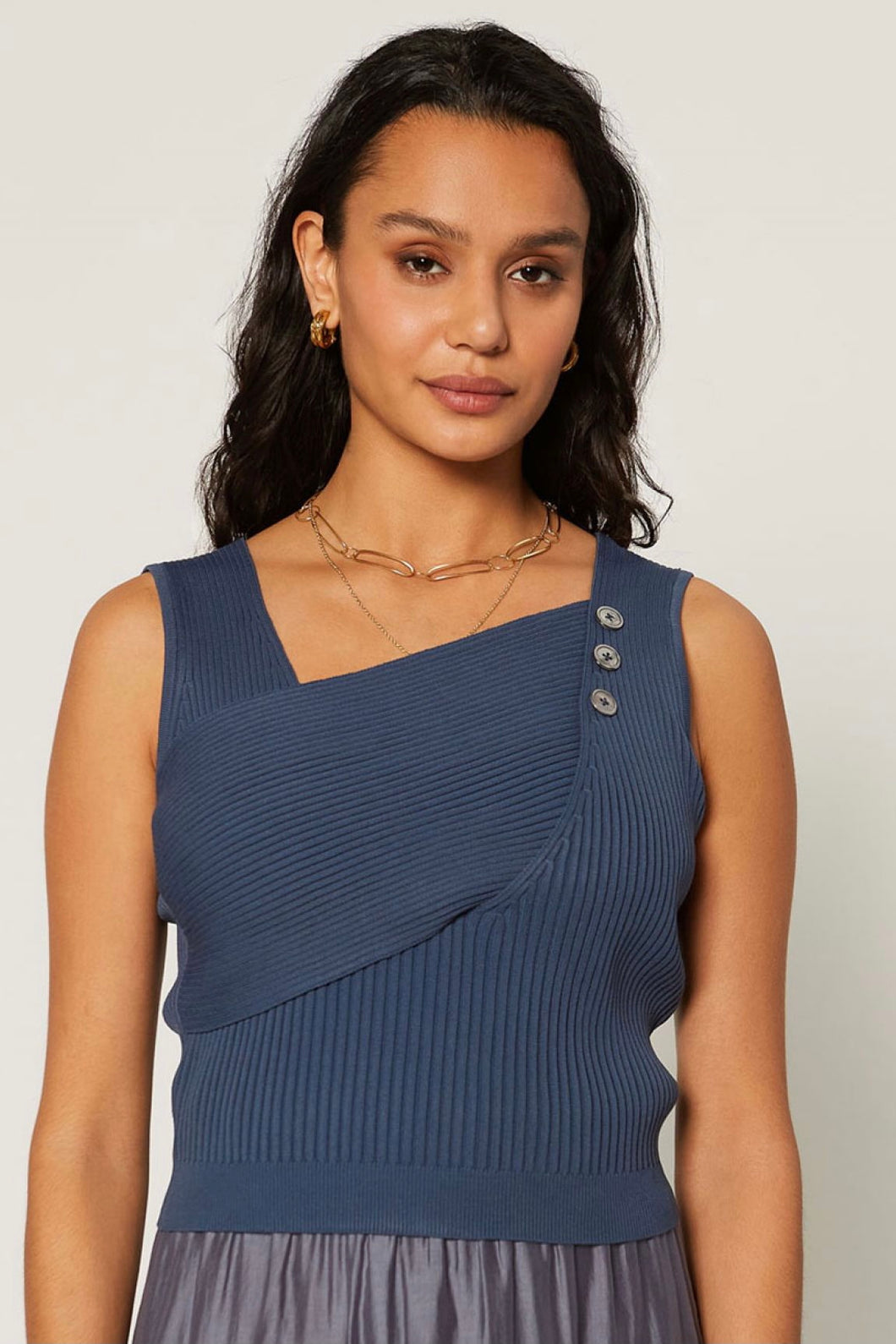 Adrian Twisted Front Knit Top w/Button Detail