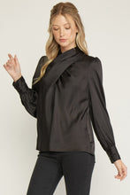 Load image into Gallery viewer, Black Satin Cross Front Long Sleeve Blouse
