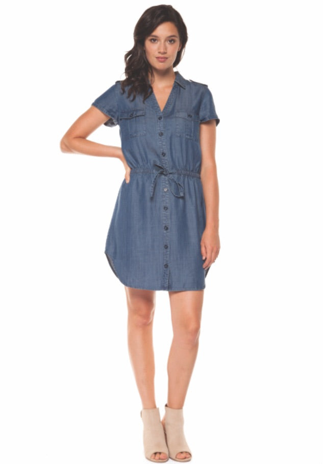 Chambray Drawstring Waist Dress
