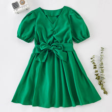 Load image into Gallery viewer, Little Girls Puff Sleeve Dress with Tie

