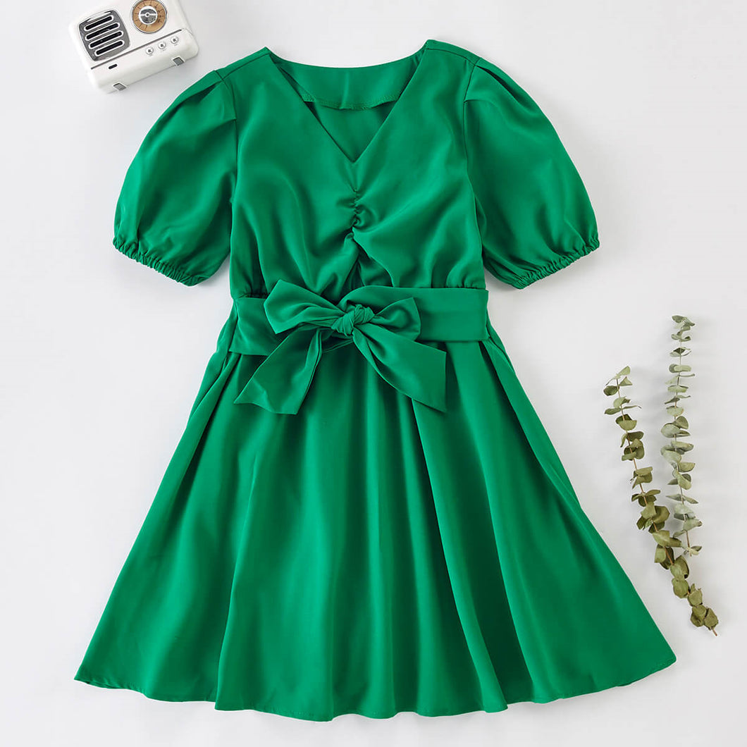 Little Girls Puff Sleeve Dress with Tie