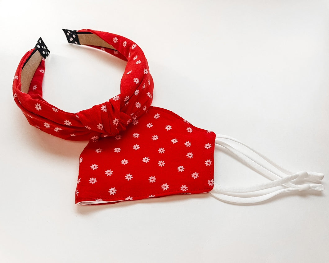 Red/White Flower Knot Headband/Mask Set