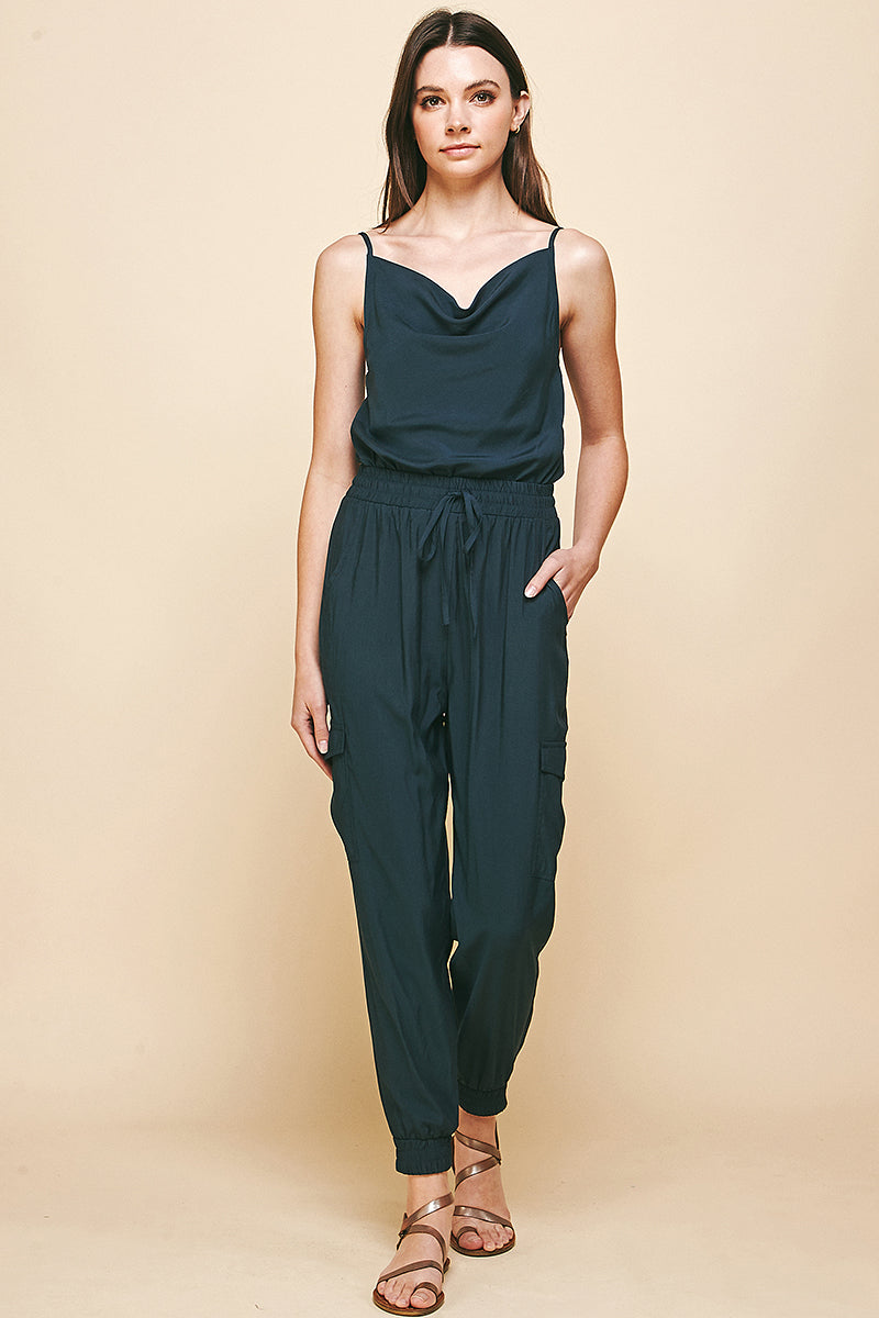 Cowl Neck Tie Waist Jumpsuit