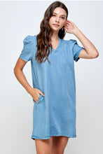 Load image into Gallery viewer, Pleated Sleeve Chambray Dress
