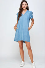 Load image into Gallery viewer, Pleated Sleeve Chambray Dress
