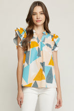 Load image into Gallery viewer, Mosaic Print Ruffle Short Sleeve Blouse
